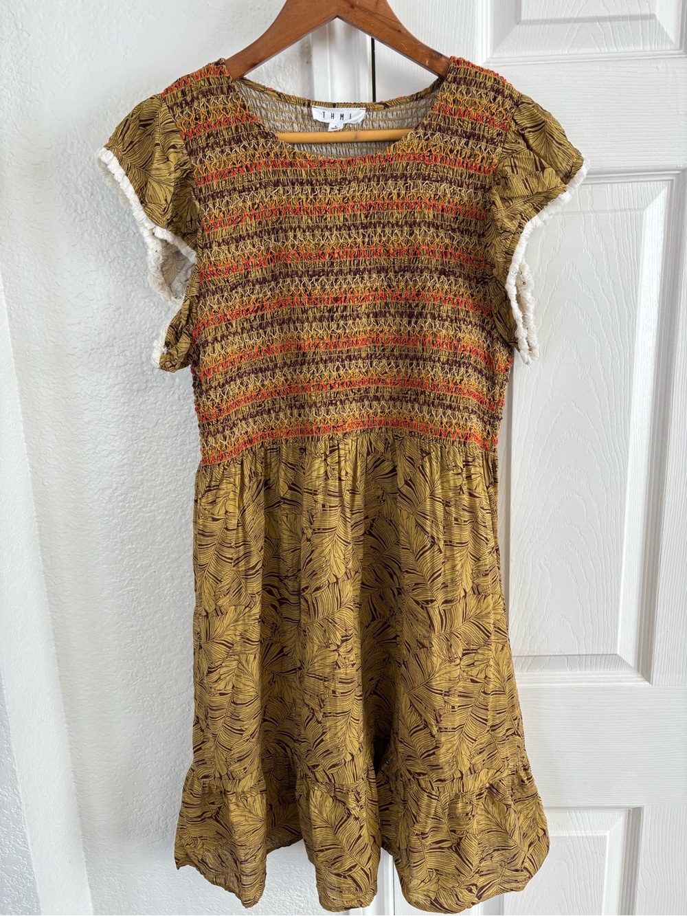 THML Embroidered Smocked Flutter Sleeve Dress Size L